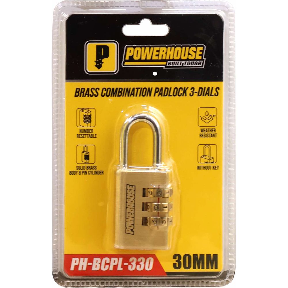 Powerhouse PH-BCPL-330 Brass Combination Padlock 3-Dials (30mm) | Powerhouse by KHM Megatools Corp. Powerhouse PH-BCPL-330 Brass Combination Padlock 3-Dials (30mm) | Powerhouse by KHM Megatools Corp.